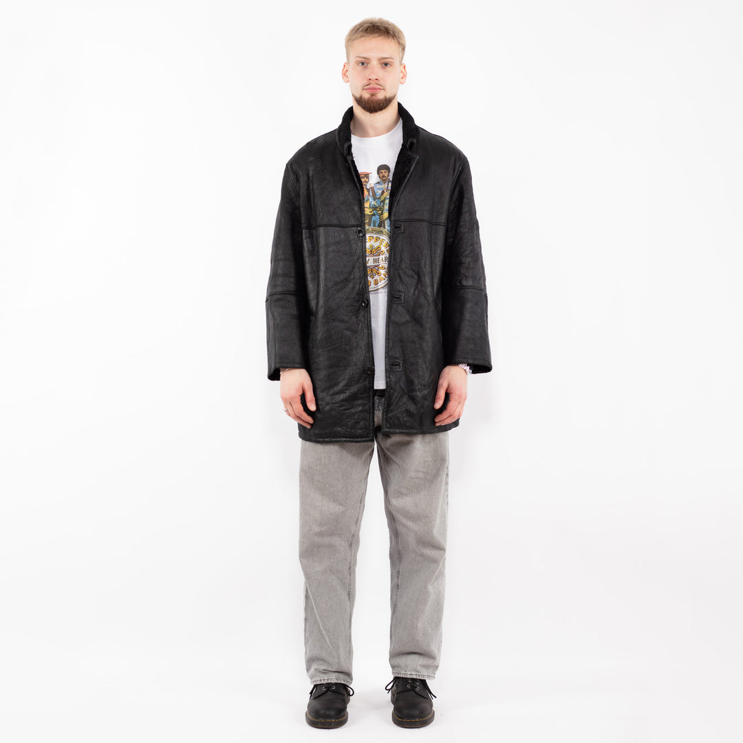 Vintage 90's Men Sheepskin Leather Coat in Black