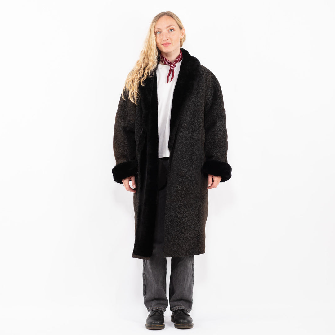 Vintage 90's Women Faux Sheepskin Coat in BlackA0624