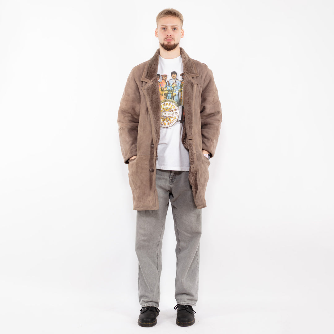 Vintage 90's Men Sheepskin Coat in Beige