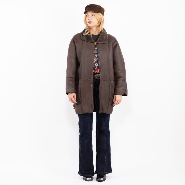 Vintage 80's Women Sheepskin Shearling Coat in Brown