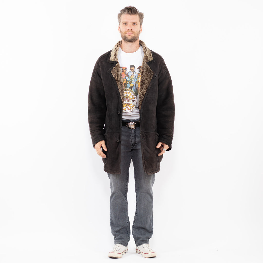 Vintage 90's Men Sheepskin Coat in Faded Black