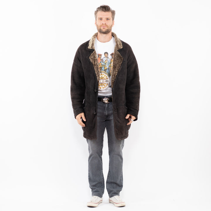 Vintage 90's Men Sheepskin Coat in Faded Black
