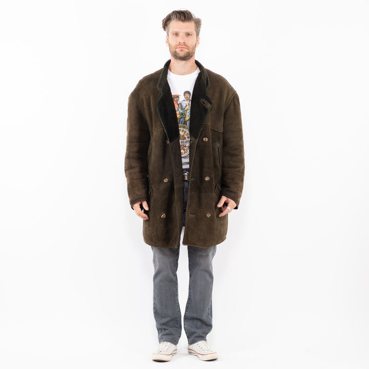 Vintage 80's Men Sheepskin Coat in Moss Green