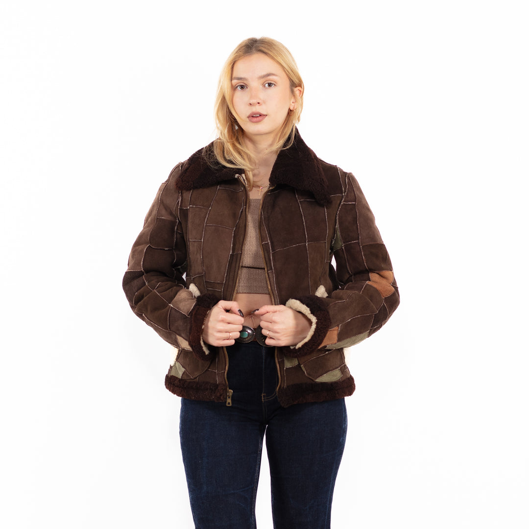 Vintage 90's Women Patchwork Sheepskin Jacket in Brown