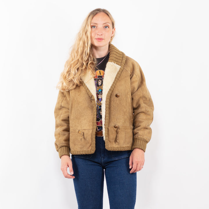 Vintage 80's Women Sheepskin Shearling Jacket in BeigeA0383