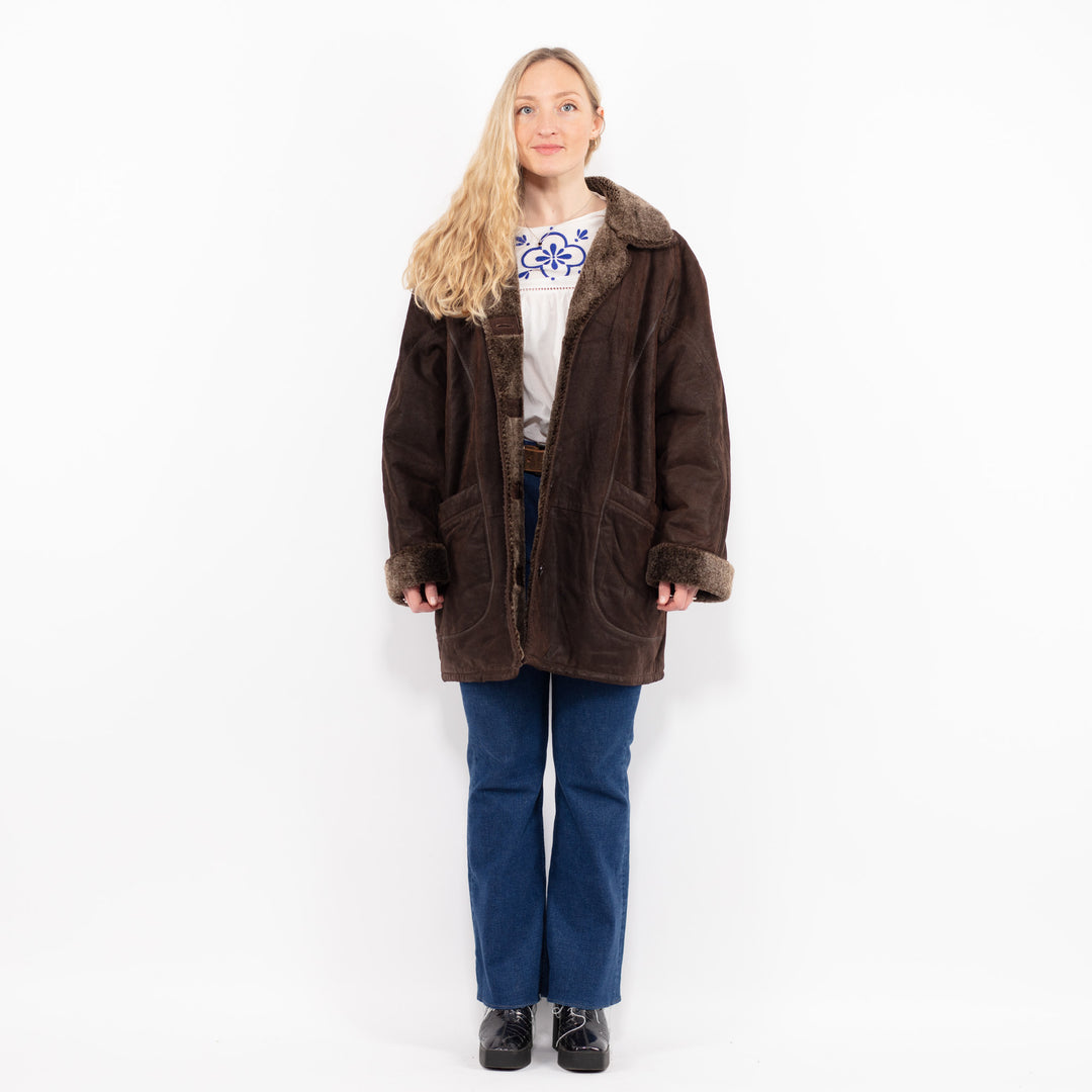 Vintage 90's Women Suede Sherpa Coat in Brown