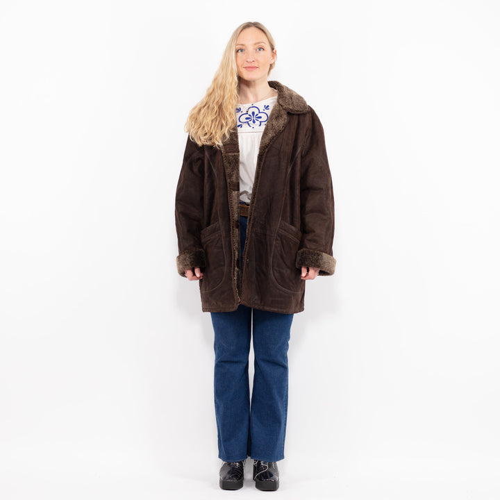 Vintage 90's Women Suede Sherpa Coat in Brown