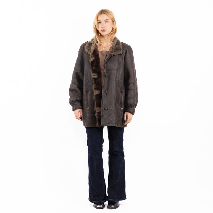 Vintage 80's Women Reversible Sheepskin Shearling Coat in Brown