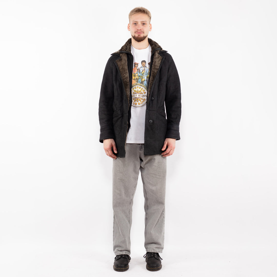 Vintage 90's Men Sheepskin Coat in Black