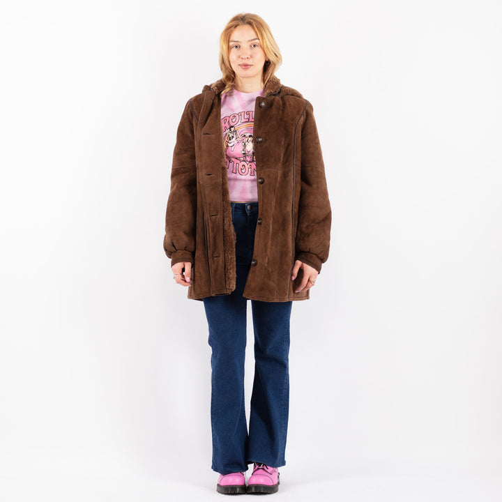 Vintage 80's Women Sheepskin Shearling Coat in Brown