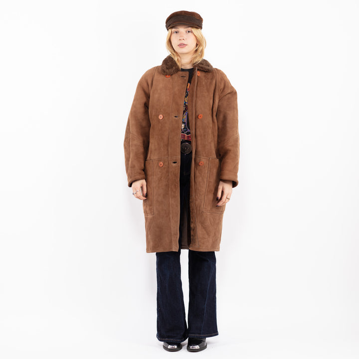 Vintage 80's Women Oversized Sheepskin Coat in Brown