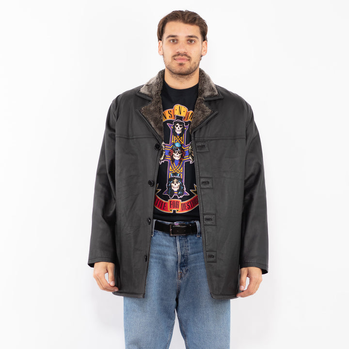 Vintage 90's Men Leather Sherpa Coat in Black