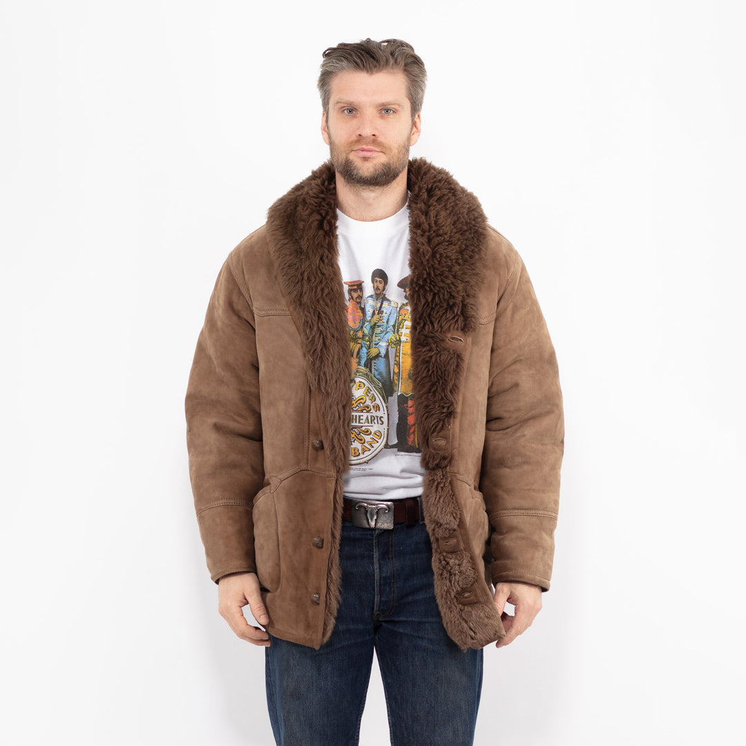 Vintage 80's Men Sheepskin Shearling Coat in BrownZ2681