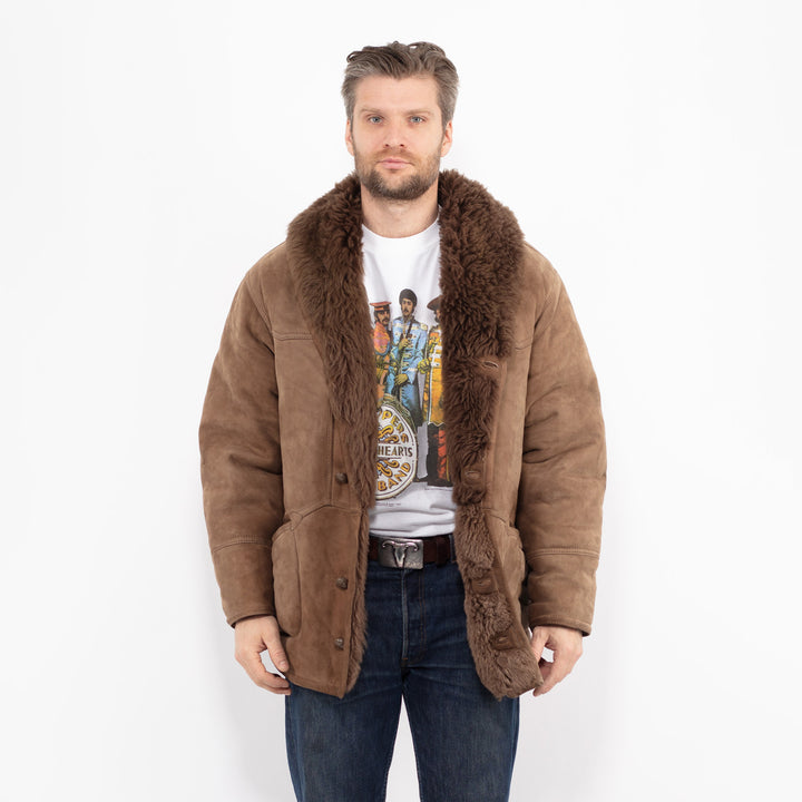Vintage 80's Men Sheepskin Shearling Coat in BrownZ2681