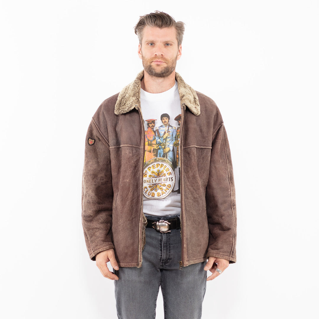 Vintage 90's Men Sheepskin Shearling Jacket in BrownZ1950