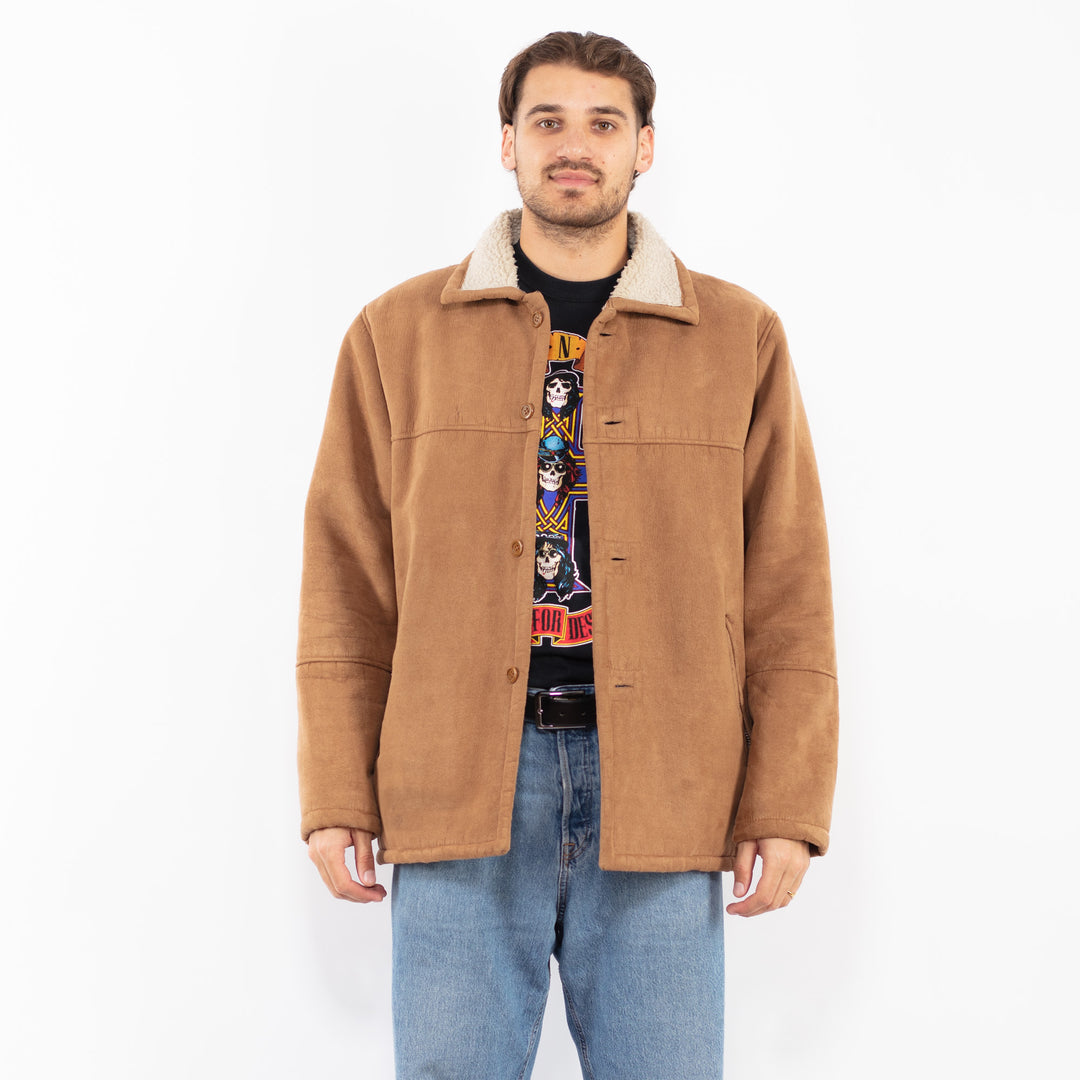 Vintage 90's Men Faux Sheepskin Coat in Brown