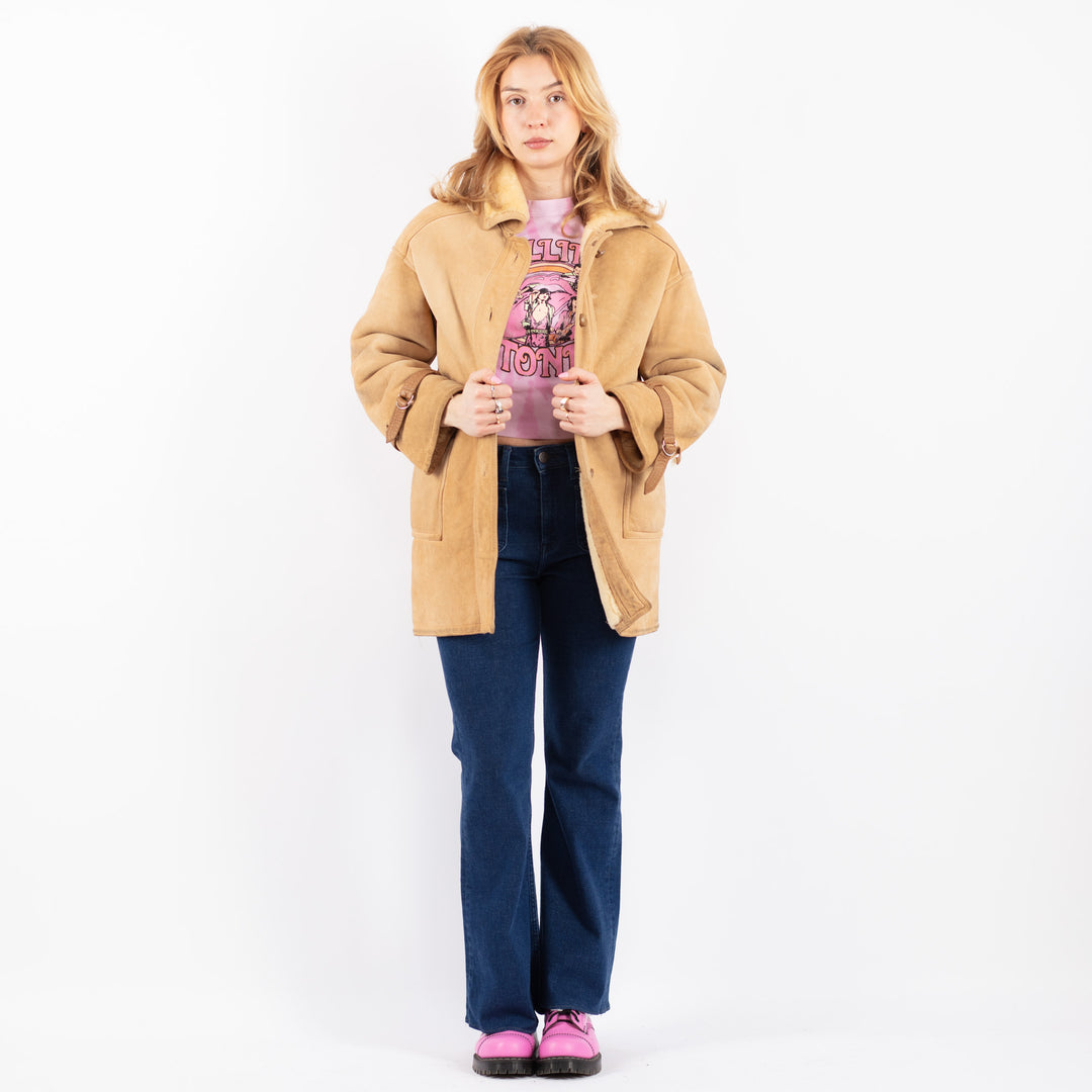 Vintage 70's Women Sheepskin Shearling Coat in Beige