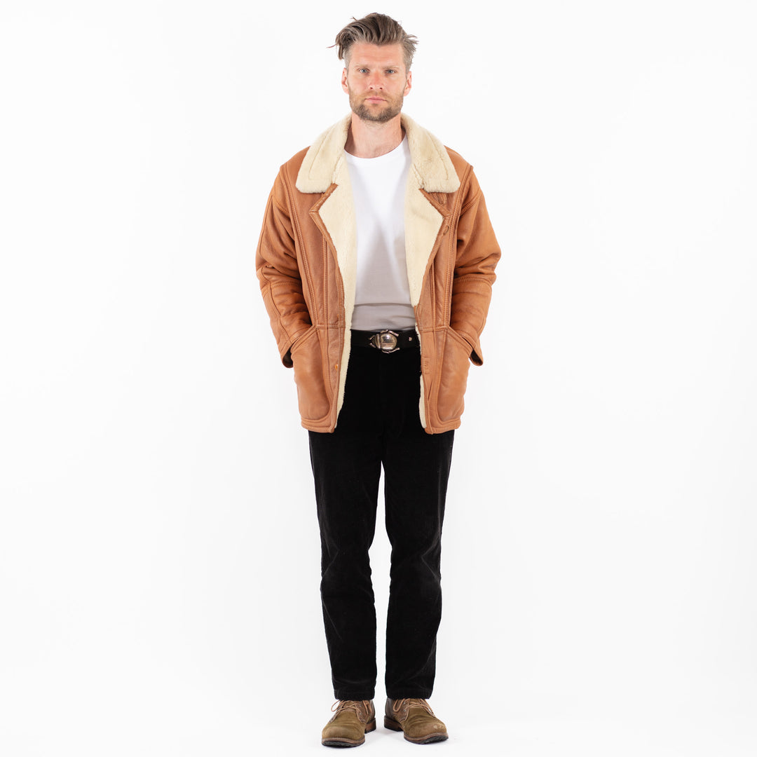 Vintage 90's Men Sheepskin Shearling Coat in BrownZ1853