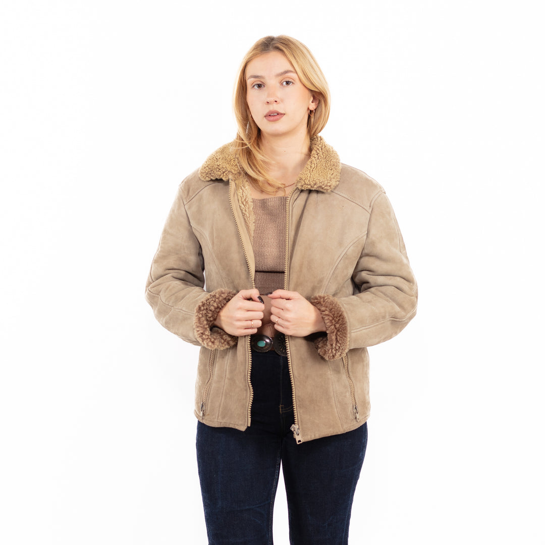 Vintage 90's Women Sheepskin Jacket in Beige
