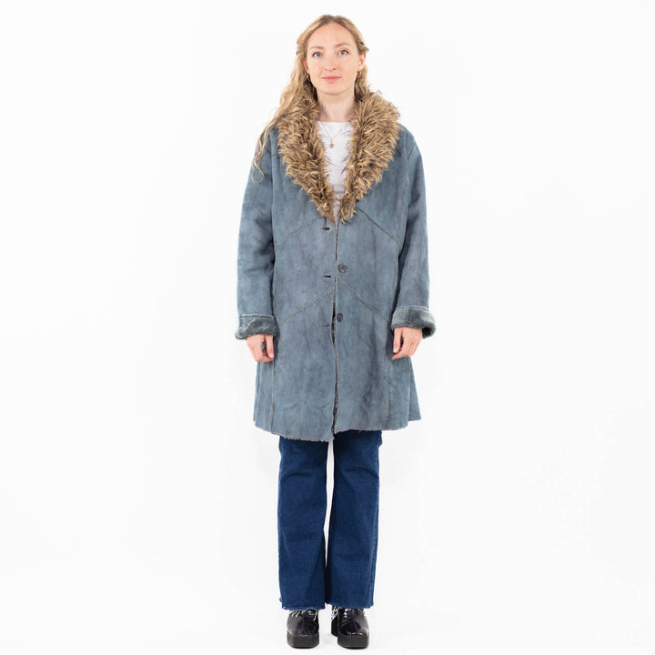 Vintage 00's Women Faux Sheepskin Coat in Blue