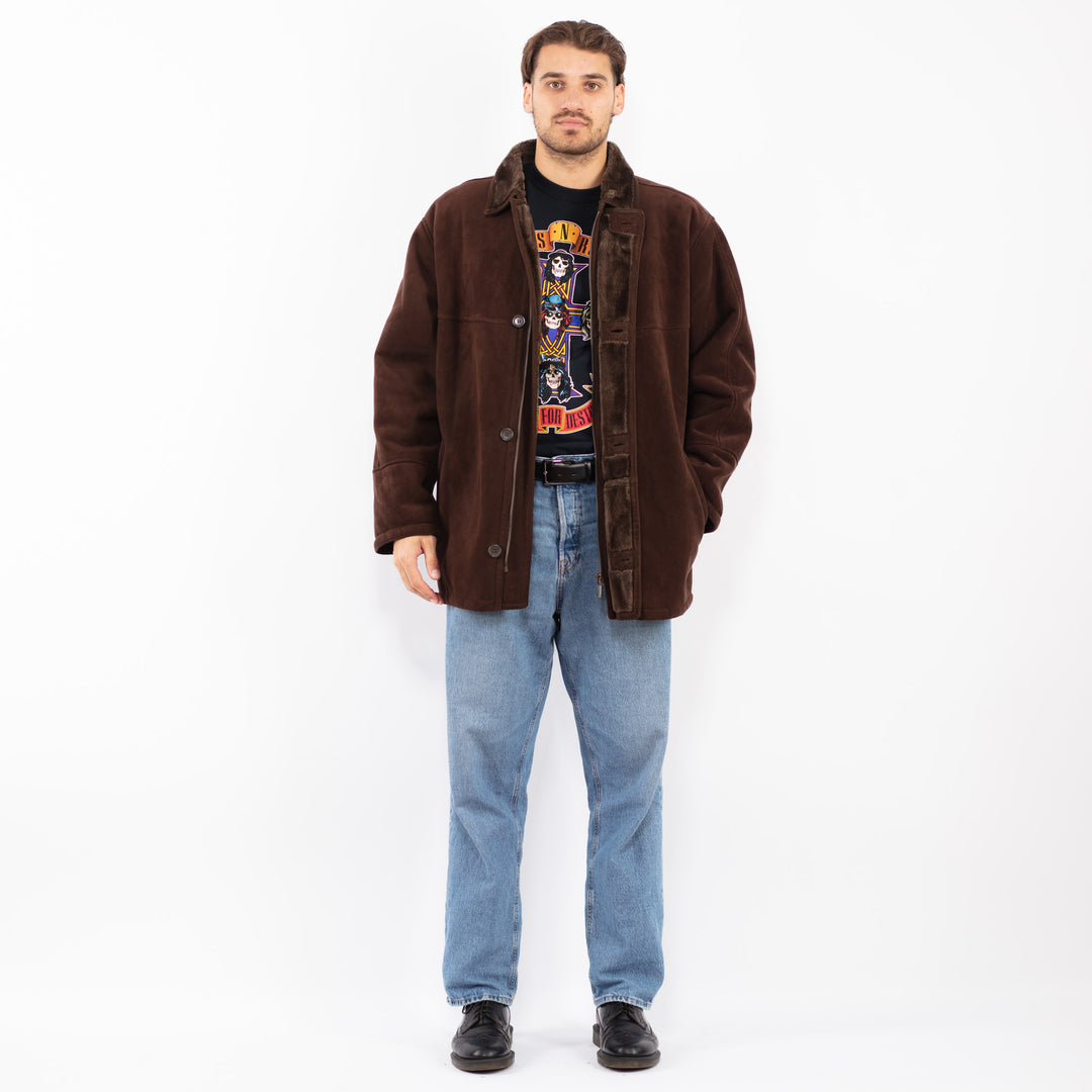 Vintage 90's Men Faux Sheepskin Coat in Brown
