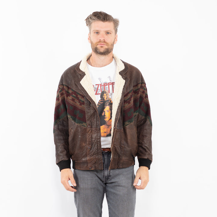 Vintage 90's Men Aztec Leather Bomber Jacket in Brown