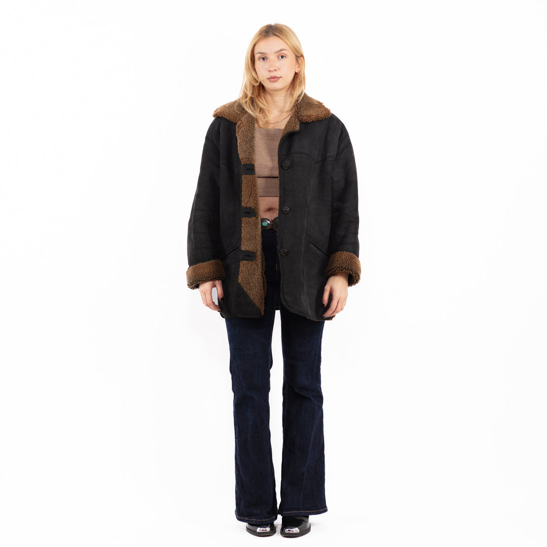 Vintage 90's Women Sheepskin Coat in Black