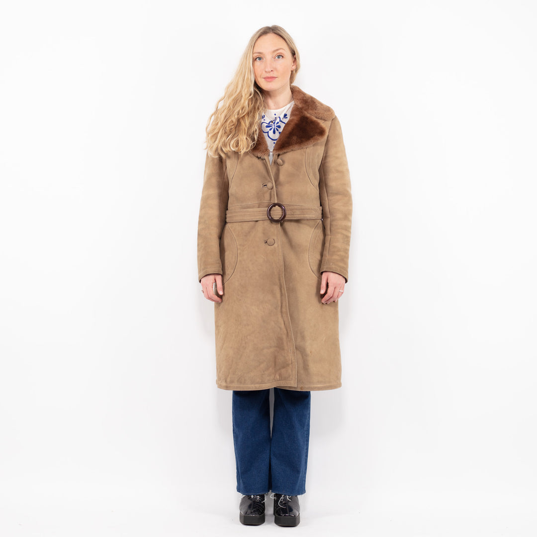 Vintage 70's Women Sheepskin Shearling Coat in Beige