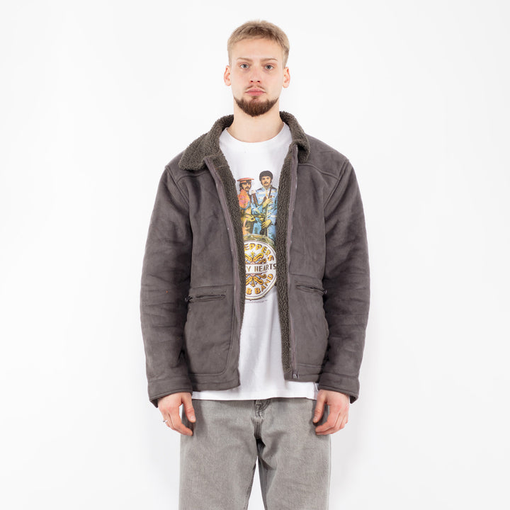 Vintage 90's Men Faux Sheepskin Jacket in Gray