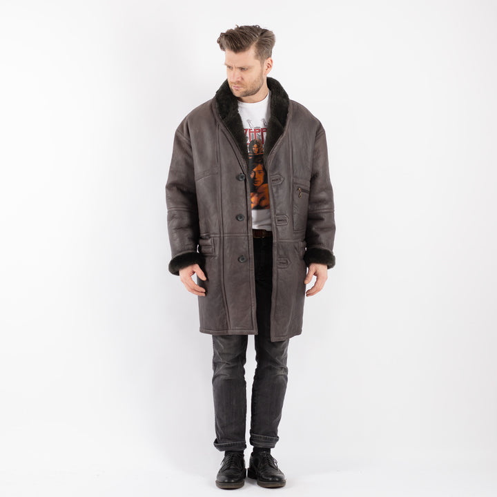 Vintage 80's Men Sheepskin Shearling Coat in Gray