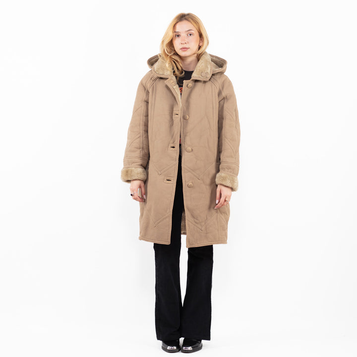 Vintage 90's Women Faux Sheepskin Coat in BeigeA0186
