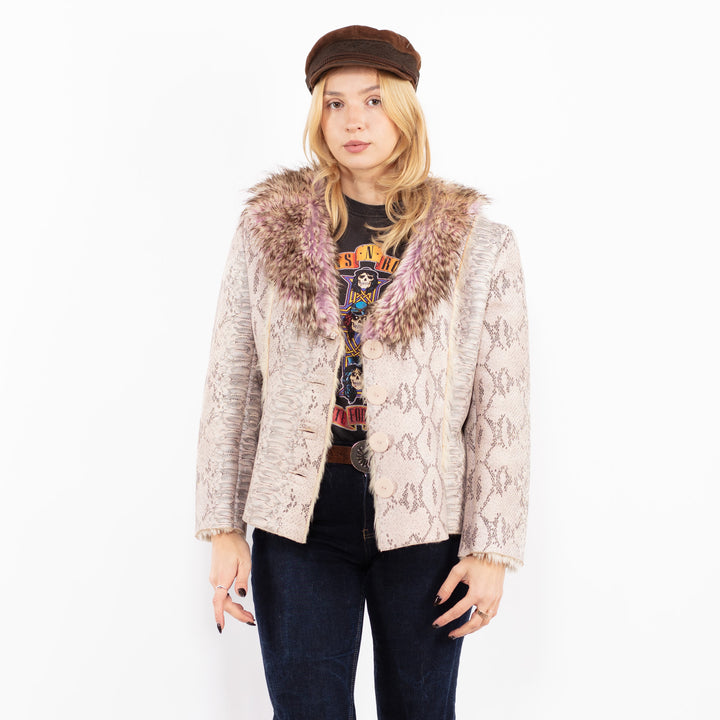 Vintage 00's Penny Lane Snake Print Faux Sheepskin Jacket in Pink