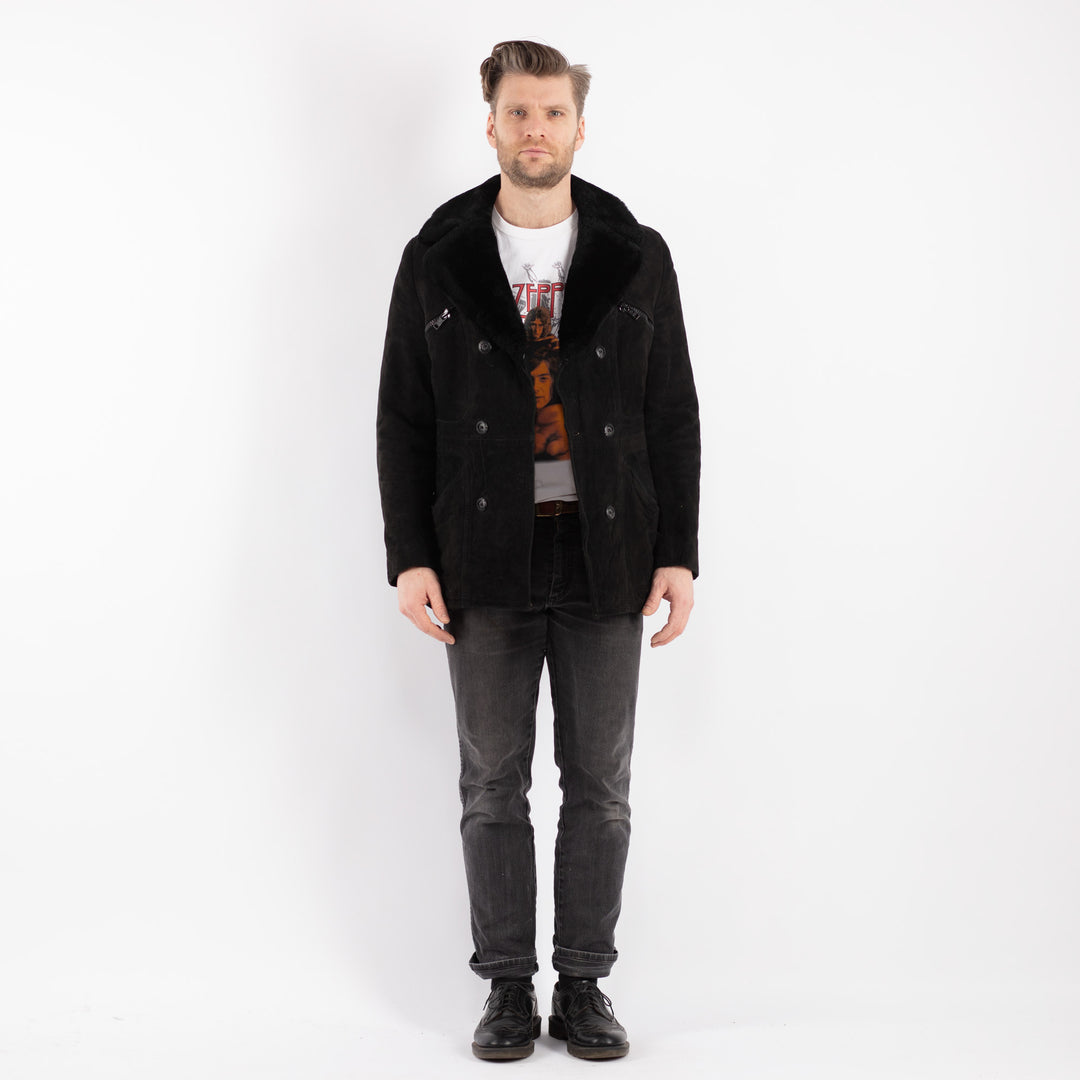 Vintage 70's Men Suede Sherpa Coat in Black