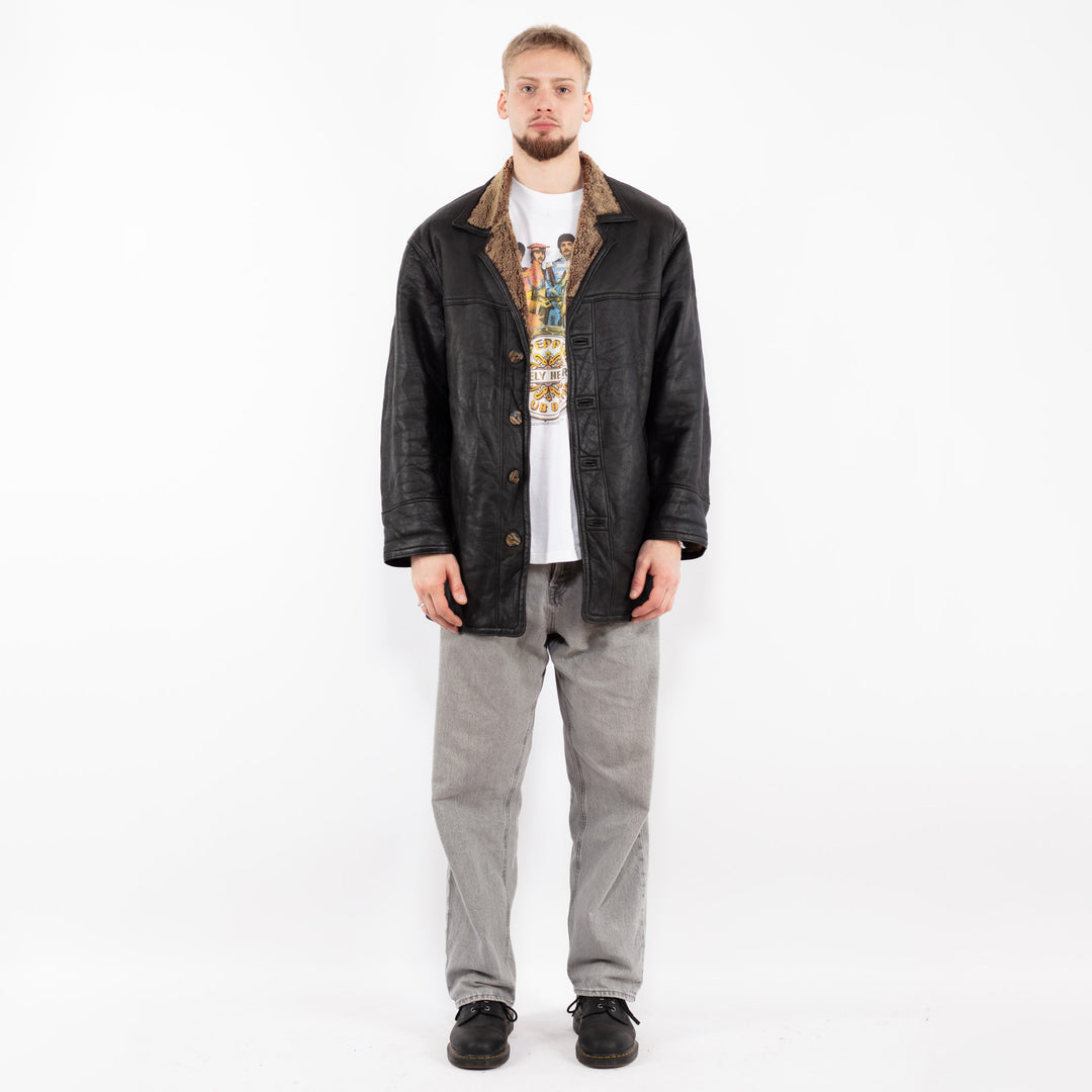 Vintage 90's Men Sheepskin Shearling Coat in Black