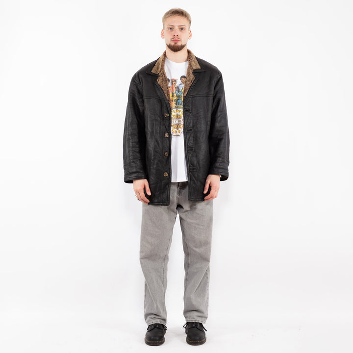 Vintage 90's Men Sheepskin Shearling Coat in Black
