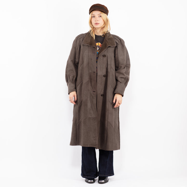 Vintage 80's Women Sheepskin Long Coat in Brown