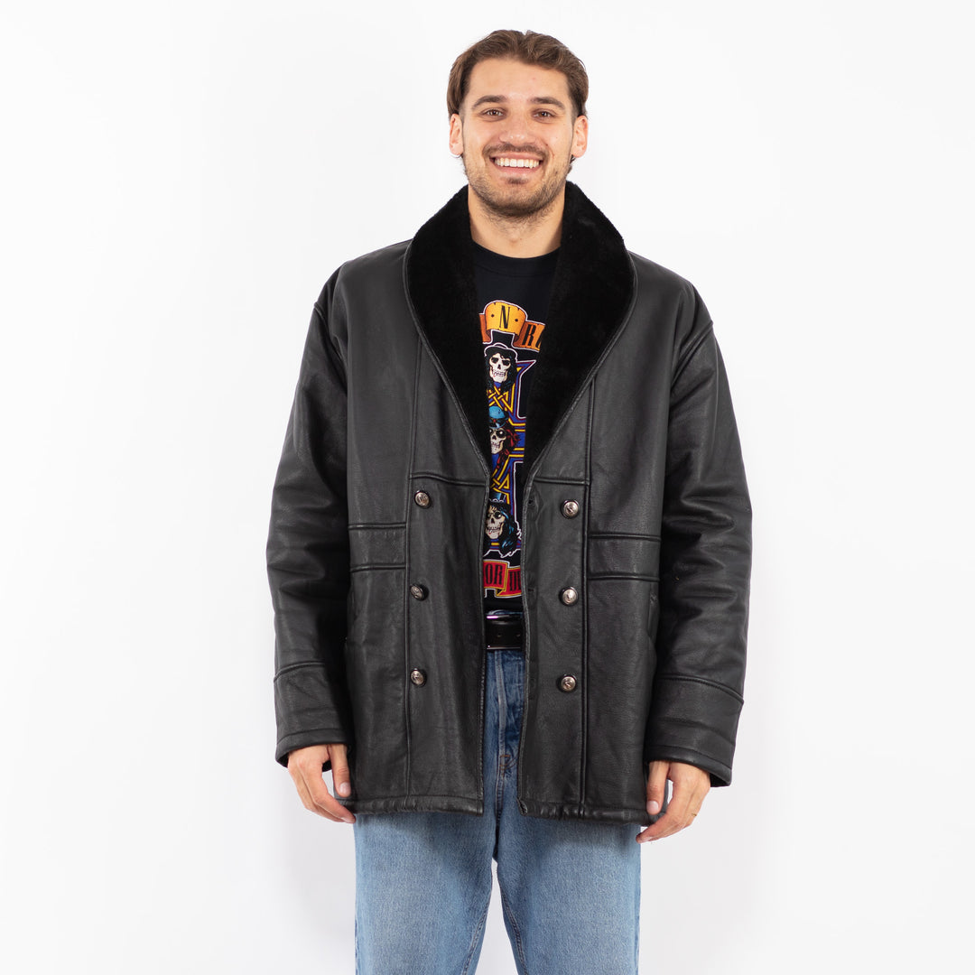Vintage 90's Men Sherpa Lined Leather Coat in Black