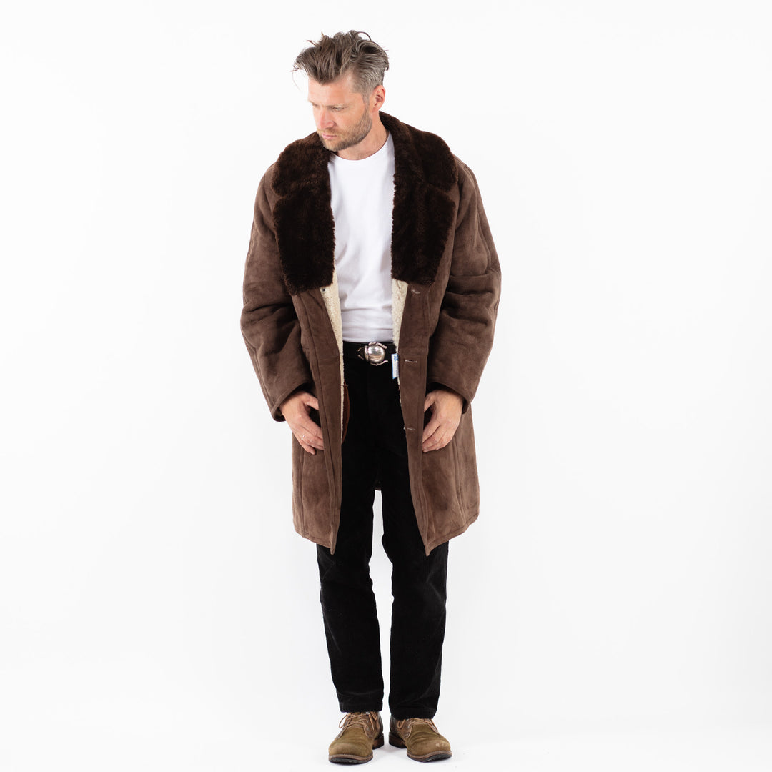 Vintage 70's Men Sheepskin Shearling Coat in BrownZ1863