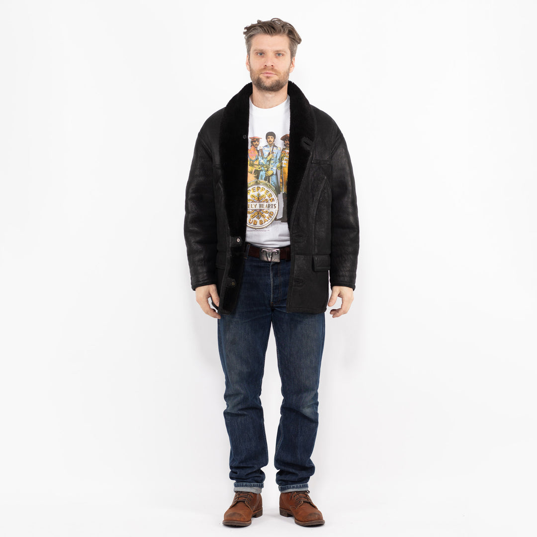 Vintage 80's Men Sheepskin Shearling Coat in BlackZ2693
