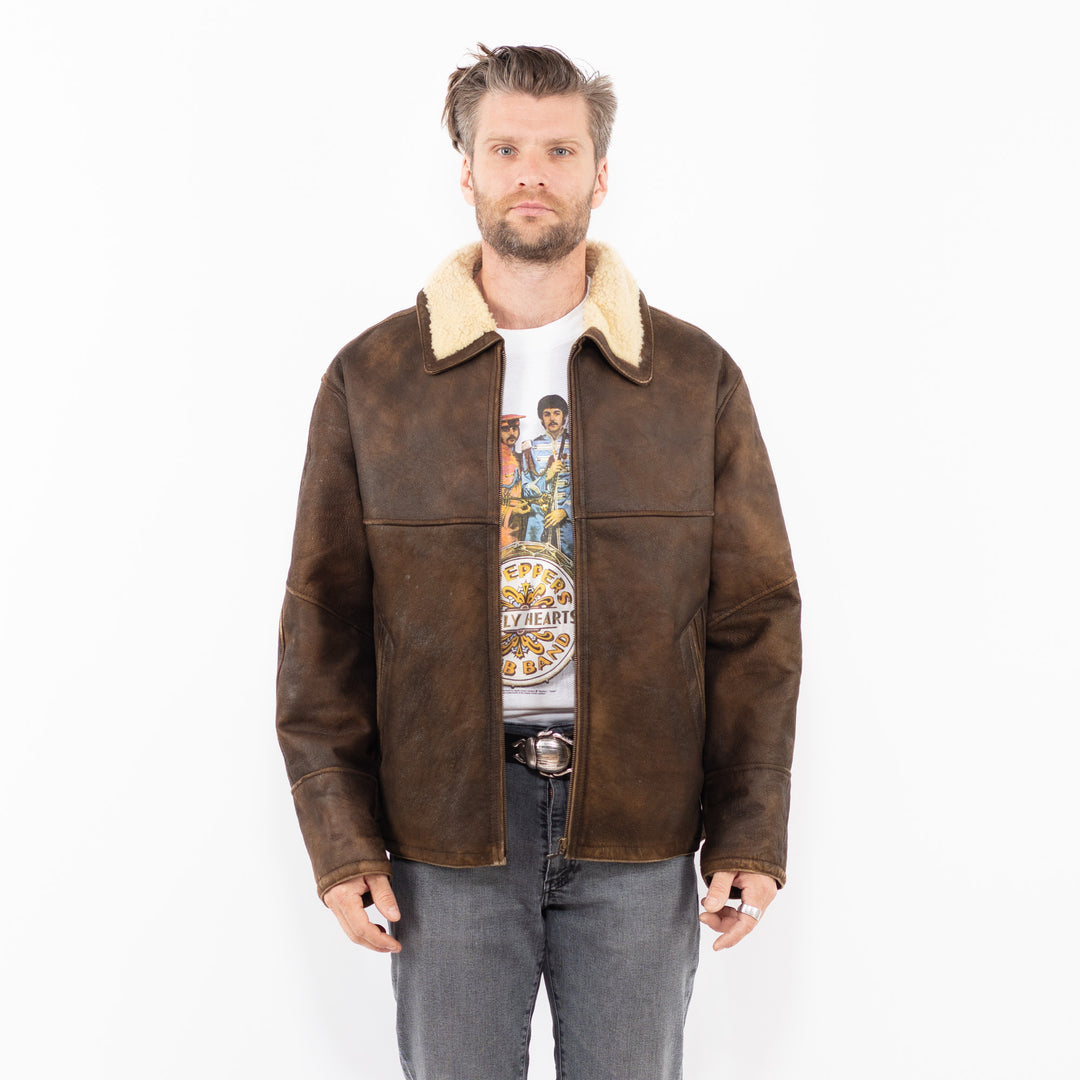 Vintage 90's Men Sheepskin Jacket in BrownZ1962