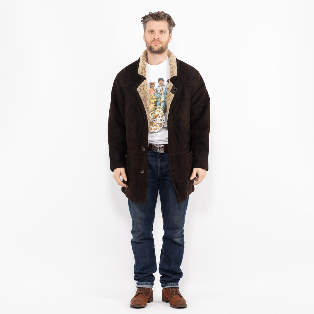 Vintage 90's Men Sheepskin Shearling Coat in BrownZ2694