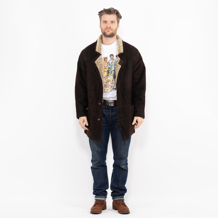Vintage 90's Men Sheepskin Shearling Coat in BrownZ2694
