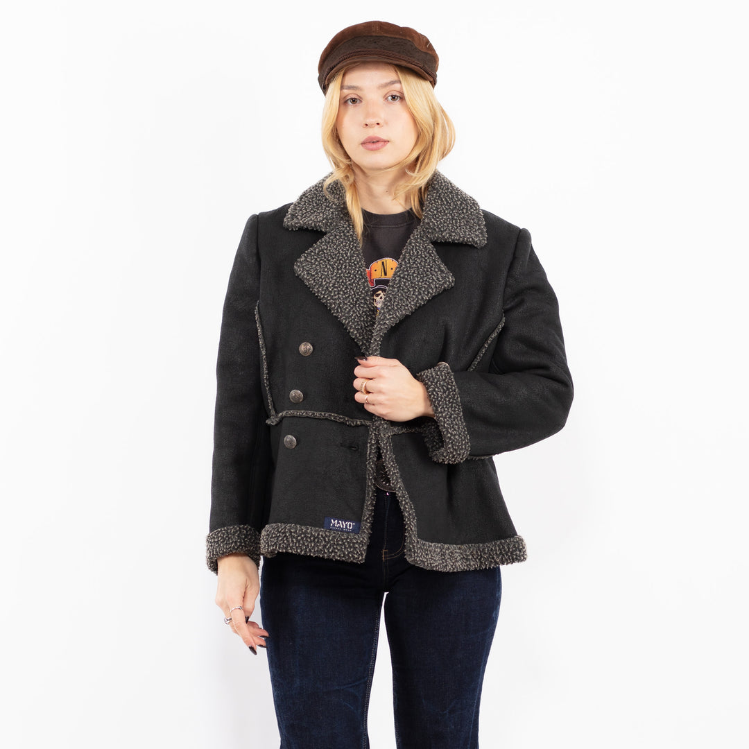 Vintage 90's Women Faux Sheepskin Jacket in Black