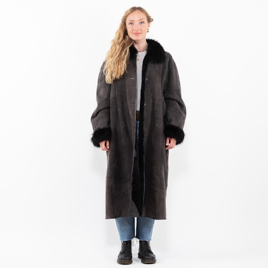 Vintage 80's Women Sheepskin Shearling Coat in GrayA0297