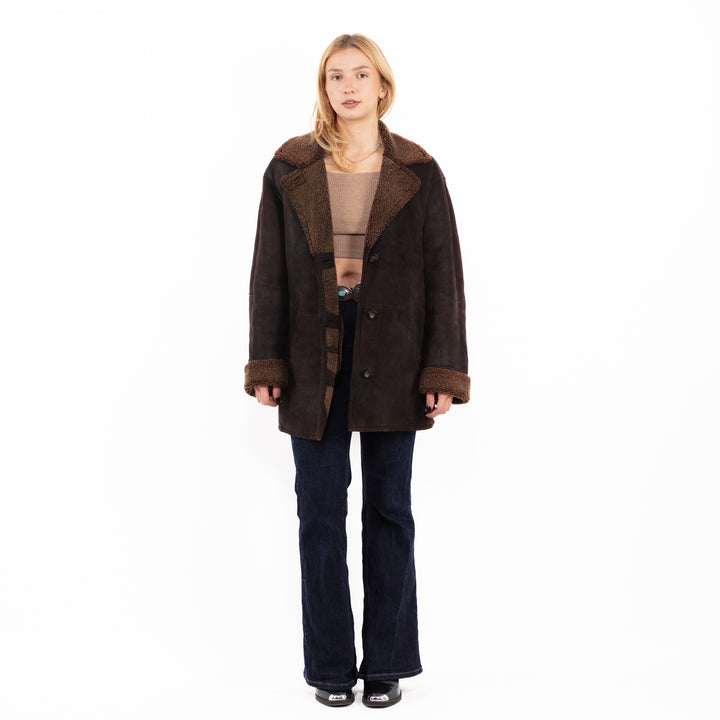 Vintage 90's Women Sheepskin Coat in Dark Brown