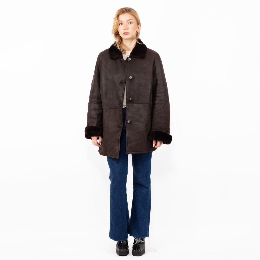 Vintage 90's Women Sheepskin Leather Coat in Brown
