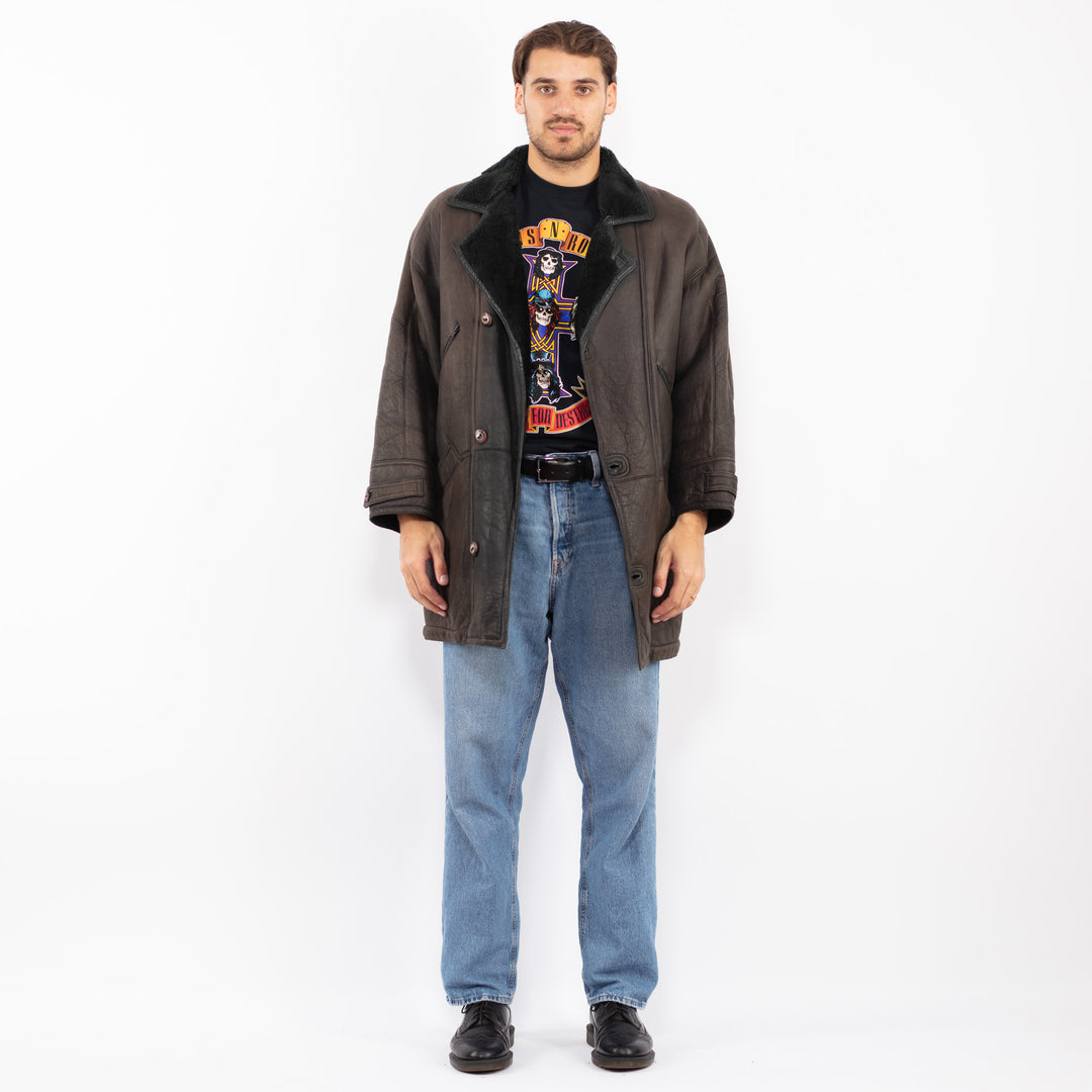 Vintage 90's Men Sheepskin Leather Coat in Gray Brown
