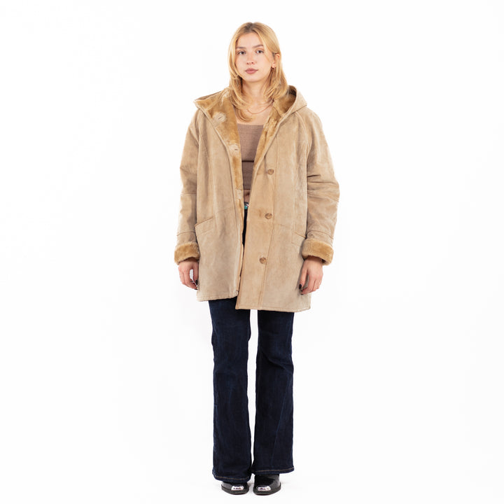 Vintage 90's Women Hooded Suede Sherpa Coat in Beige