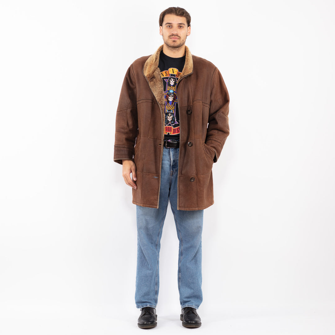 Vintage 90's Men Sheepskin Leather Coat in Brown