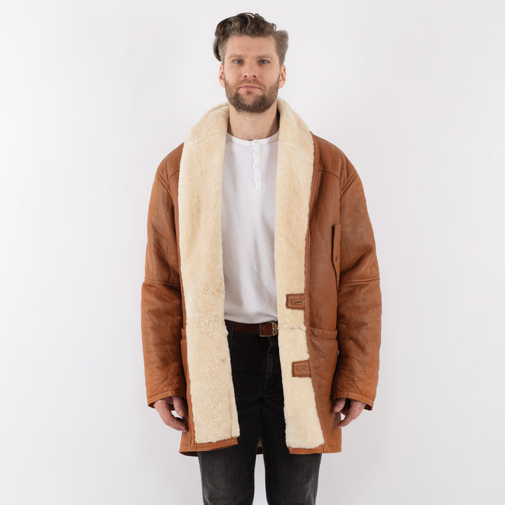 Vintage 80's Men Sheepskin Shearling Coat in BrownZ994